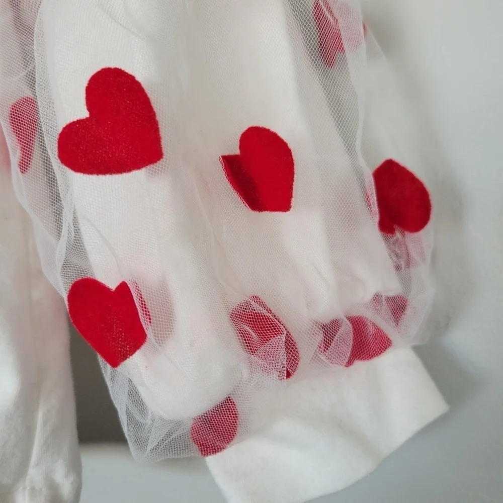 Little Girls White Long Sleeve Shirt Red Heart Velvet Pearl's Tulle Statement 3T